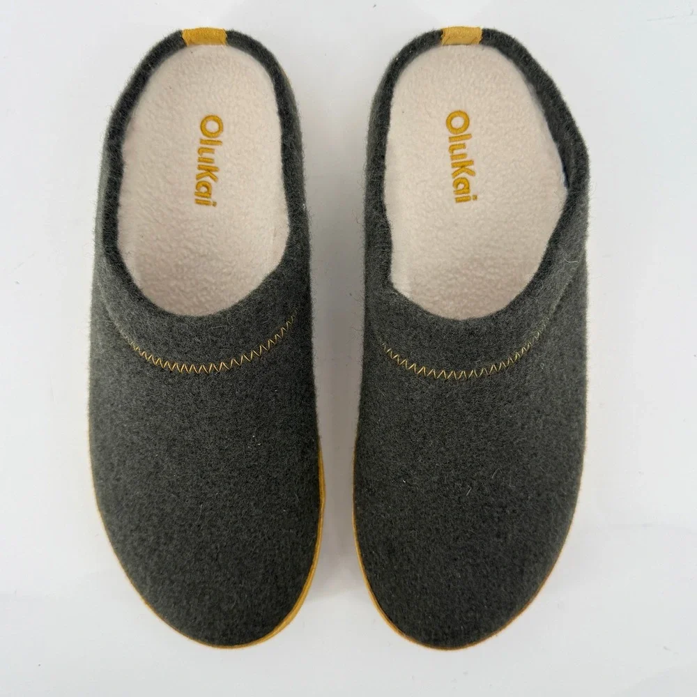 OluKai‎ Hamani Hulu Wool Mule Slipper Olive Green Men 7 Sheepskin Shearling New